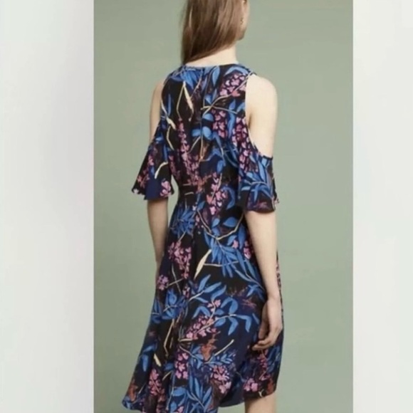 Anthropologie Maeve Elia Blue Floral Cold Shoulder Short Sleeve Midi Dress Sz 8 - Picture 2 of 16